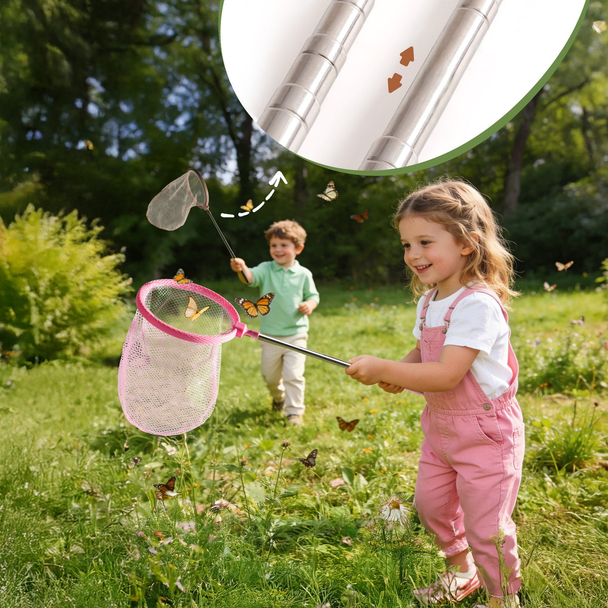 Two children chasing butterflies across a sunny field with ROBUD pink telescopic net extended and green inset showing mesh detail