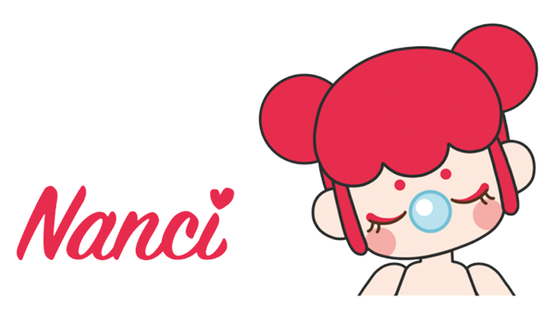 Pink script logo with a red haired cartoon mascot on a white background