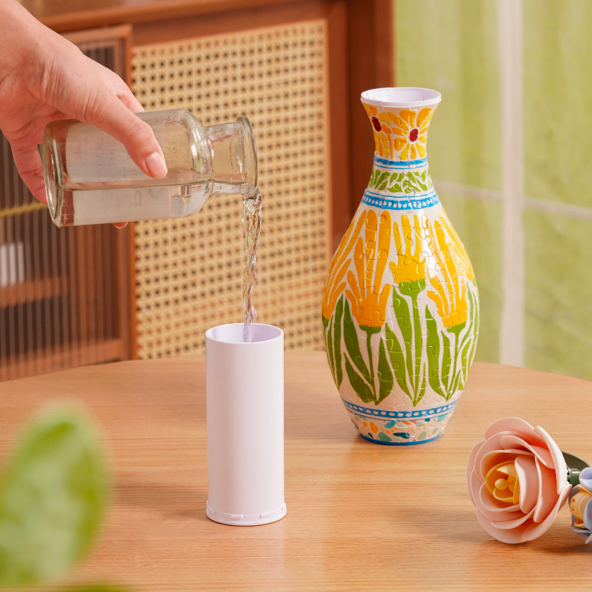 ROBOTIME Puzzle Vase Summer Blossoms Sunset Mosaic VAS001 3D wooden puzzle model, top-down view of layout and arrangement