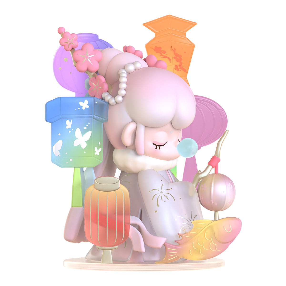 Rolife Nanci Flower Stories collectible figure with green hair and white daffodil flowers wearing a white hanfu robe surrounded by a floral illustration background