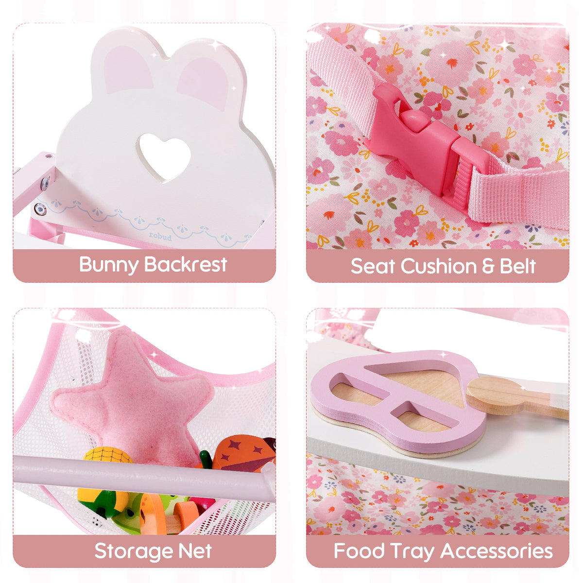 Detail view of ROBUD pink doll high chair showing the bunny backrest cutout, floral seat cushion, storage net, and tray.