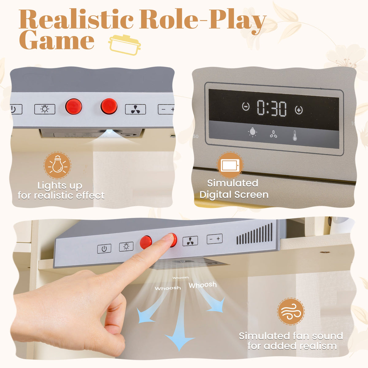 ROBUD Corner Play Kitchen realistic digital clock display panel detail with close-up of red control knobs and buttons