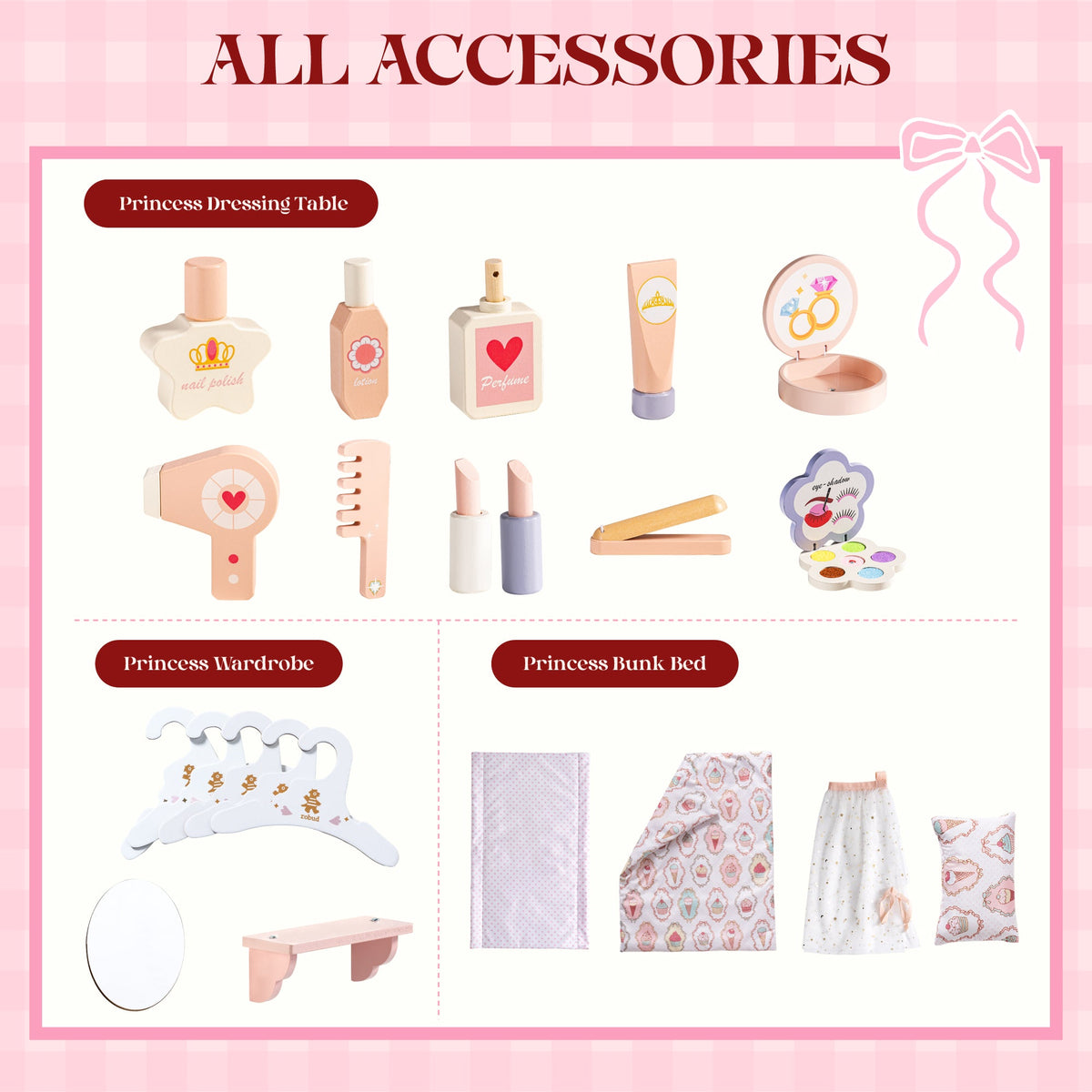 ROBUD Princess series accessories: wooden dressing table items, princess wardrobe, bunk bed quilt, and pillow set overview.