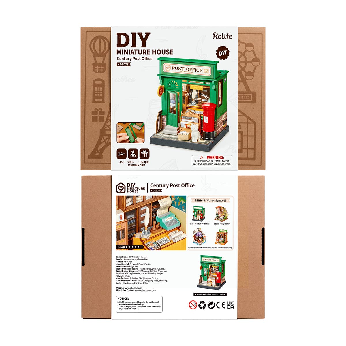 Rolife Century Post Office DS037 retail box with illustrated front cover and build previews on kraft brown cardboard