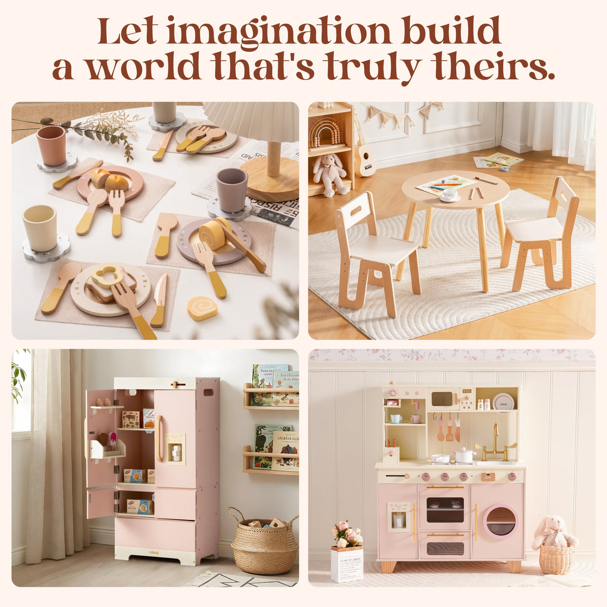 ROBUD Glowwood Kitchen House collection collage showing wooden play food, white table set, pink kitchen, and pink refrigerator.