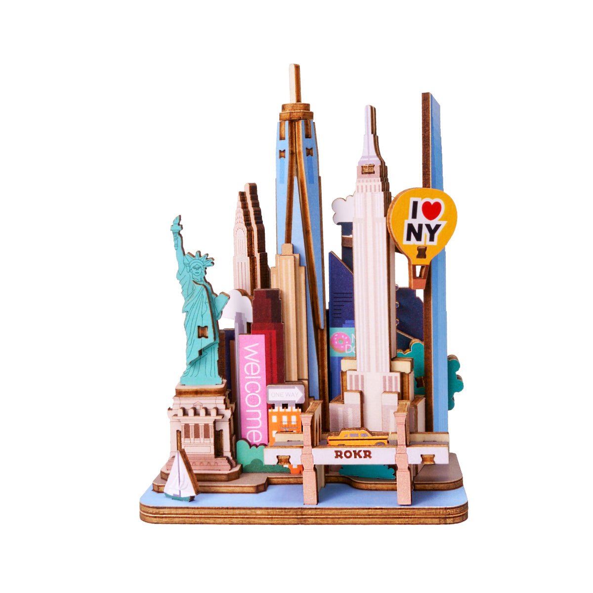 ROKR New York skyline model with colorful towers and a yellow taxi