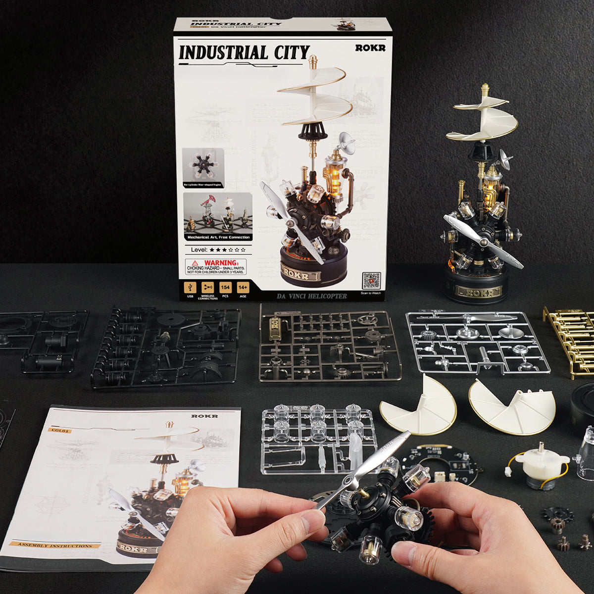 ROKR Leonardo da Vinci's Helicopter Mechanical 3D Puzzle 3D wooden puzzle model, styled lifestyle scene with model assembled