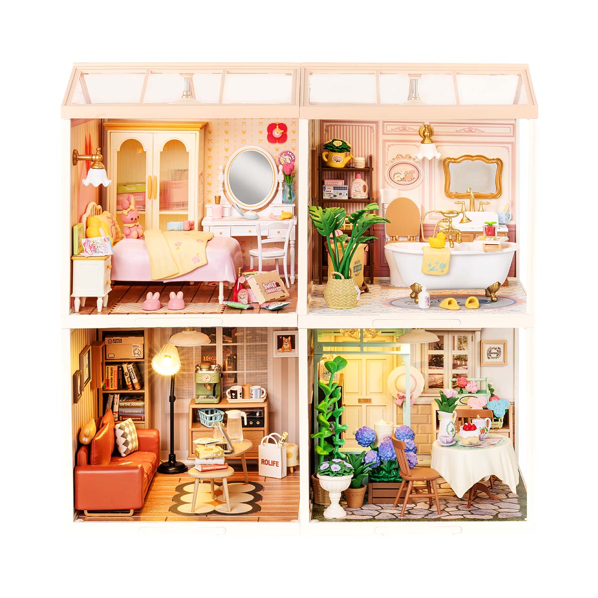Rolife Super Creator 4-in-1 Four Grid DIY miniature house with glass roof showing four lit rooms including a pink bedroom, white bathroom and garden dining scene