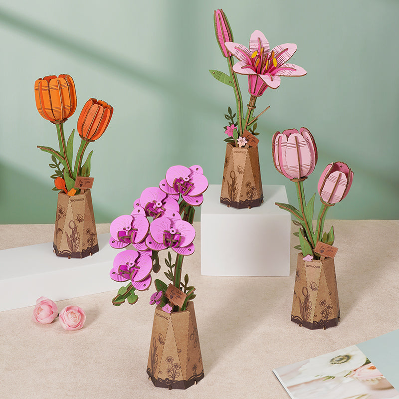 Rowood Pink Tulip DIY Flower 3D Wooden Puzzle TW082, 3D wooden DIY flower puzzle, side view