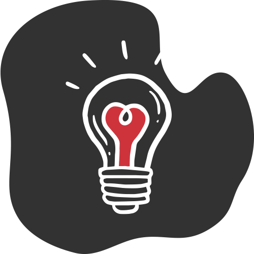 Robotime brand red and dark grey lightbulb with heart inside icon on a dark blob background representing creative inspiration