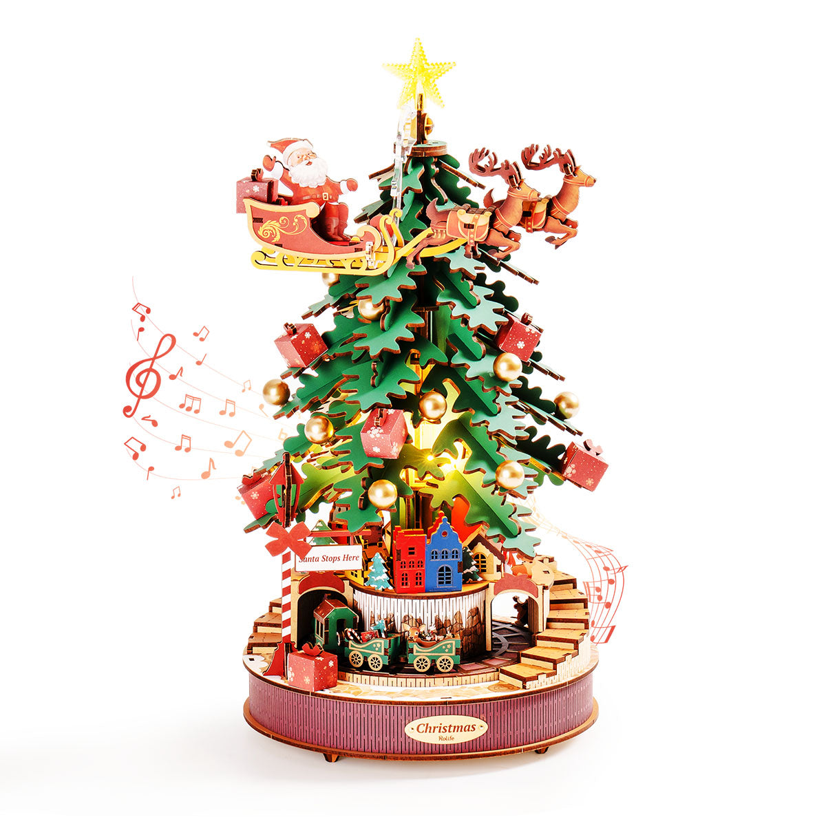 Rolife Christmas Melody Tree music box shows a decorated tree with Santa sleigh.