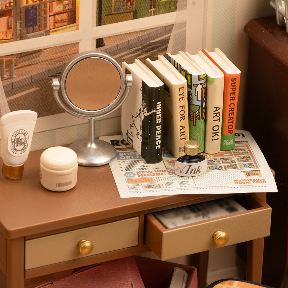 Rolife Sweet Dream Bedroom DW009 DIY book nook miniature kit, angled three-quarter view of the build
