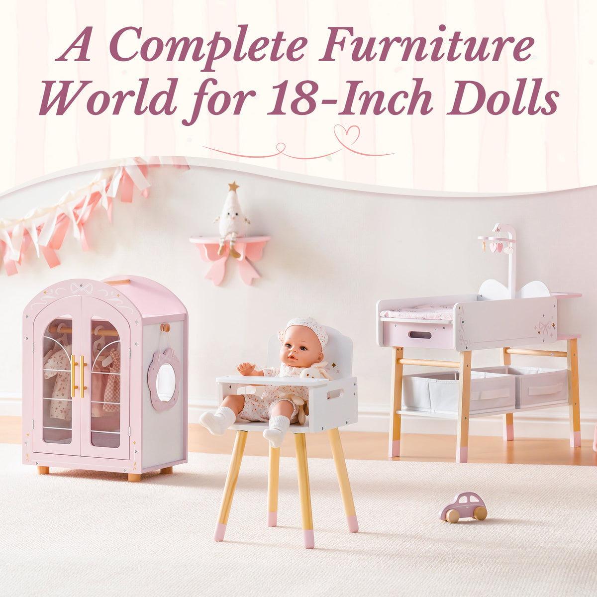ROBUD pink doll furniture world scene featuring doll wardrobe, doll high chair, and doll changing table set with 18-inch doll