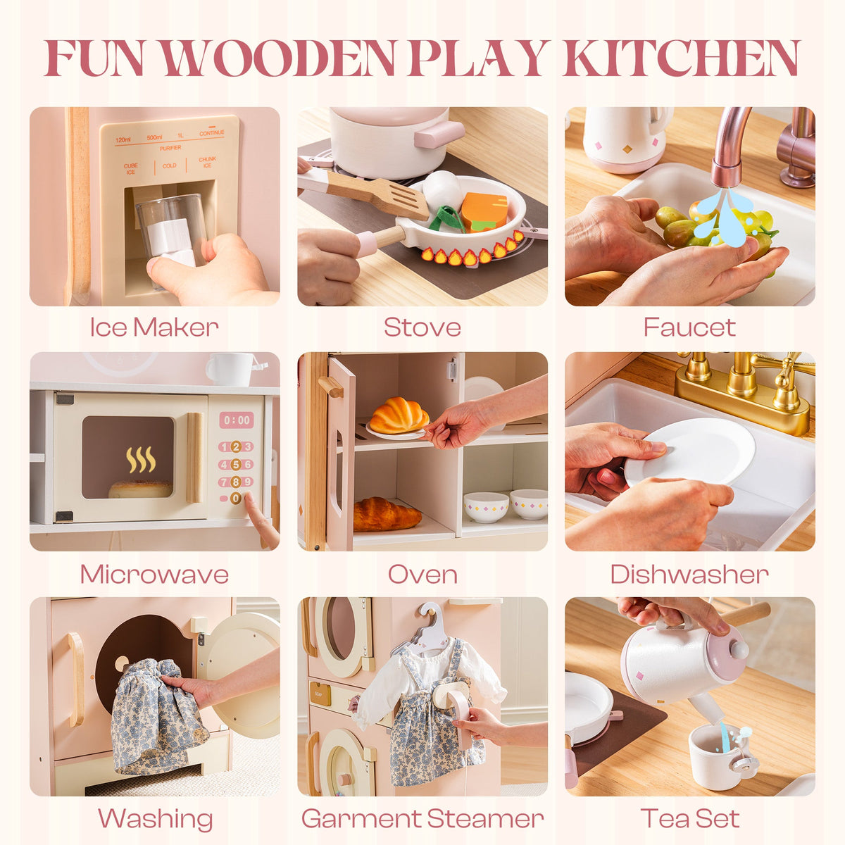 ROBUD Pink Wooden Kitchen PlaySet fun kitchen feature grid showing ice maker, stove, faucet, microwave and dishwasher