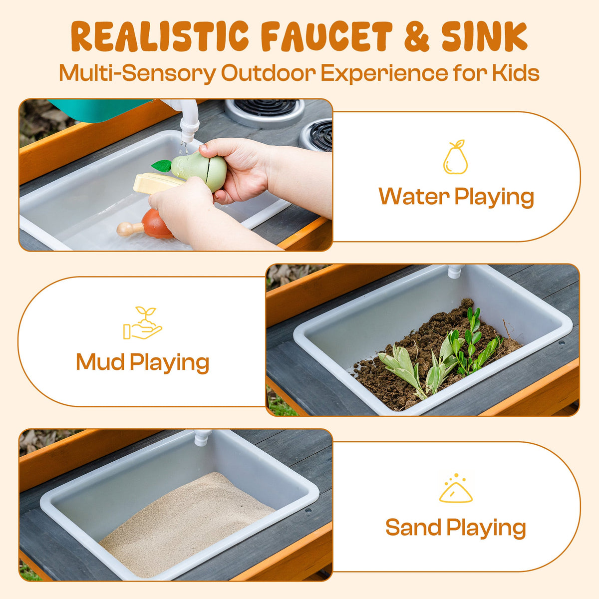 ROBUD Outdoor Mud Kitchen realistic faucet and sink feature showing water playing, mud playing and sand playing sensory trays for outdoor fun