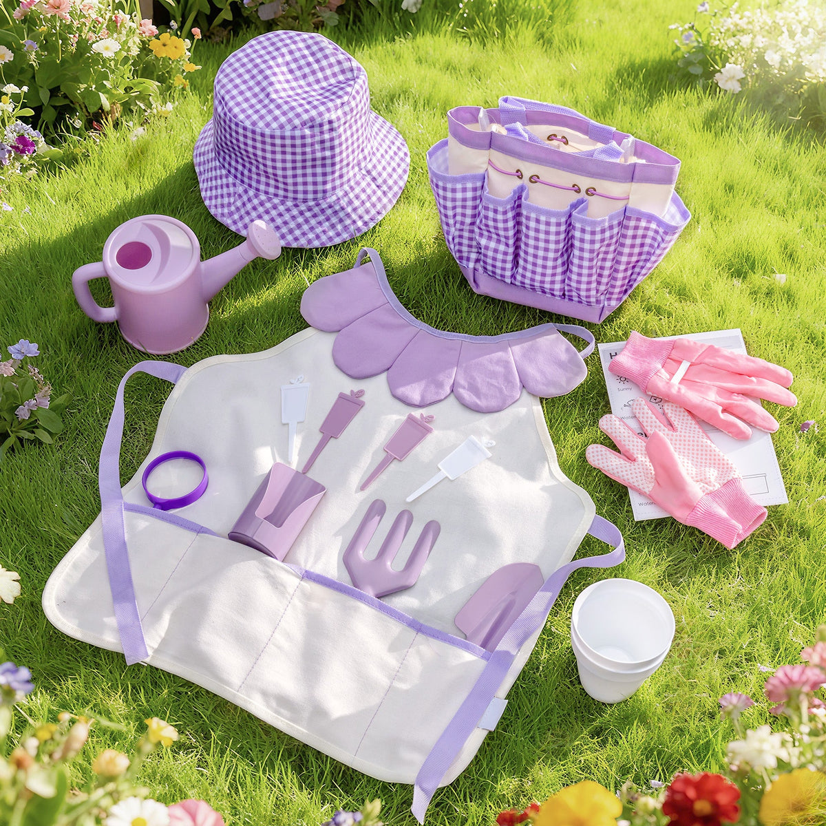 Close-up of ROBUD Kids Gardening Set pink metal tools with wooden handles showing smooth rounded edges and safe solid construction
