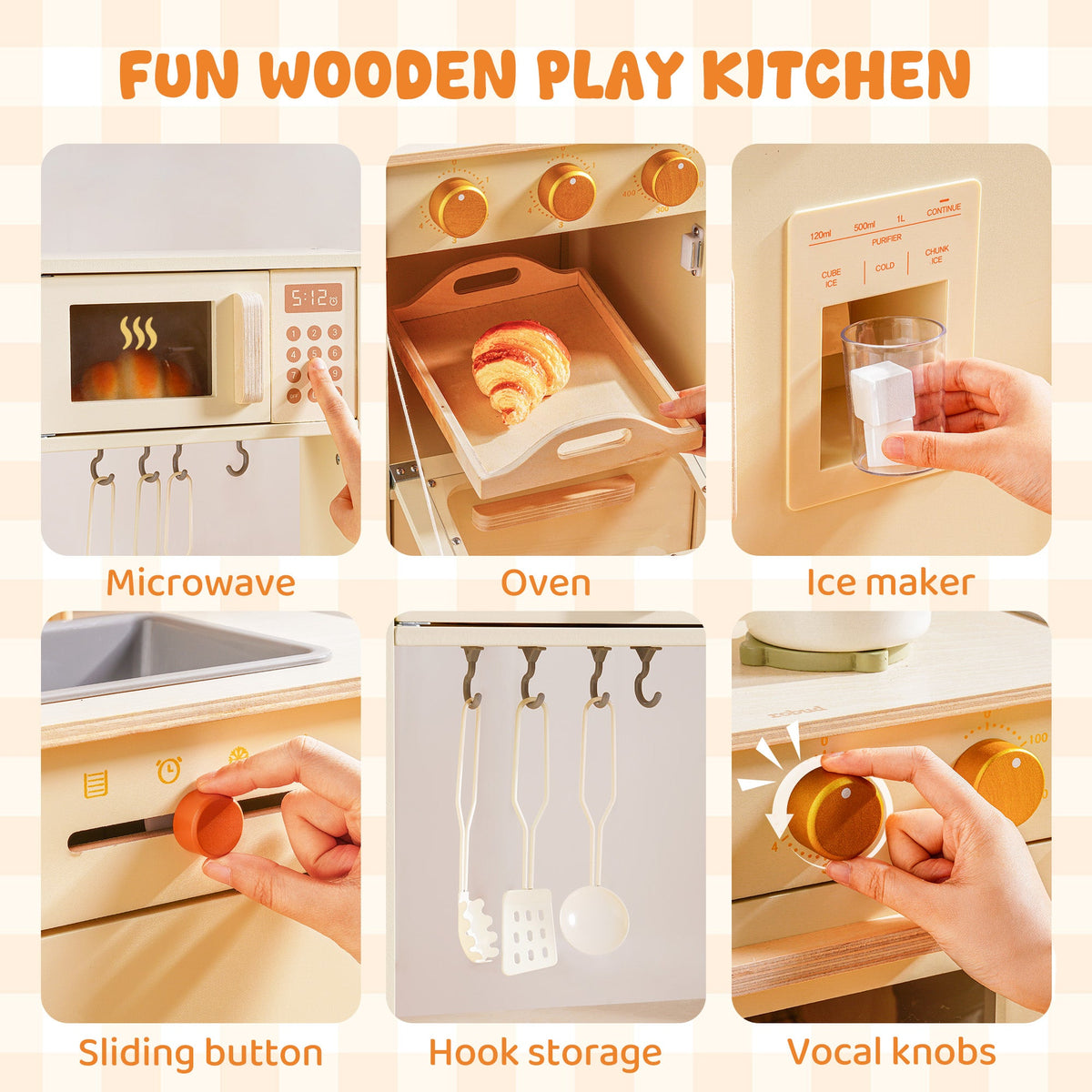 ROBUD cream wooden play kitchen feature grid: microwave, oven, ice maker, sliding button, hook storage bar, and knobs.