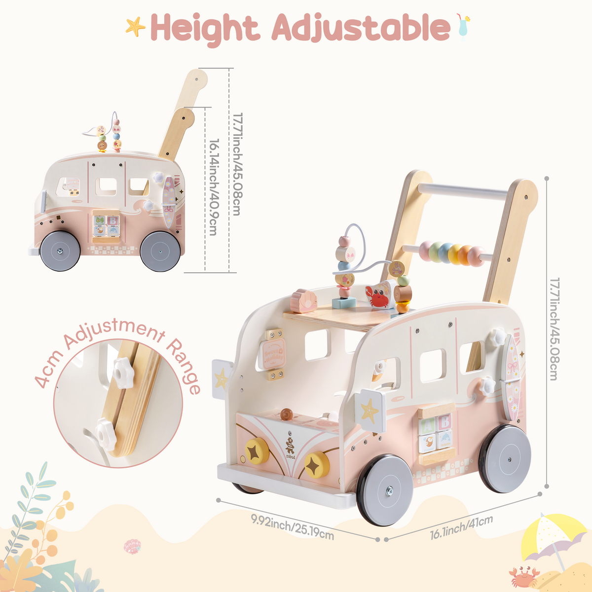 ROBUD pink vacation bus push walker height adjustment diagram showing two size configurations with measurements.