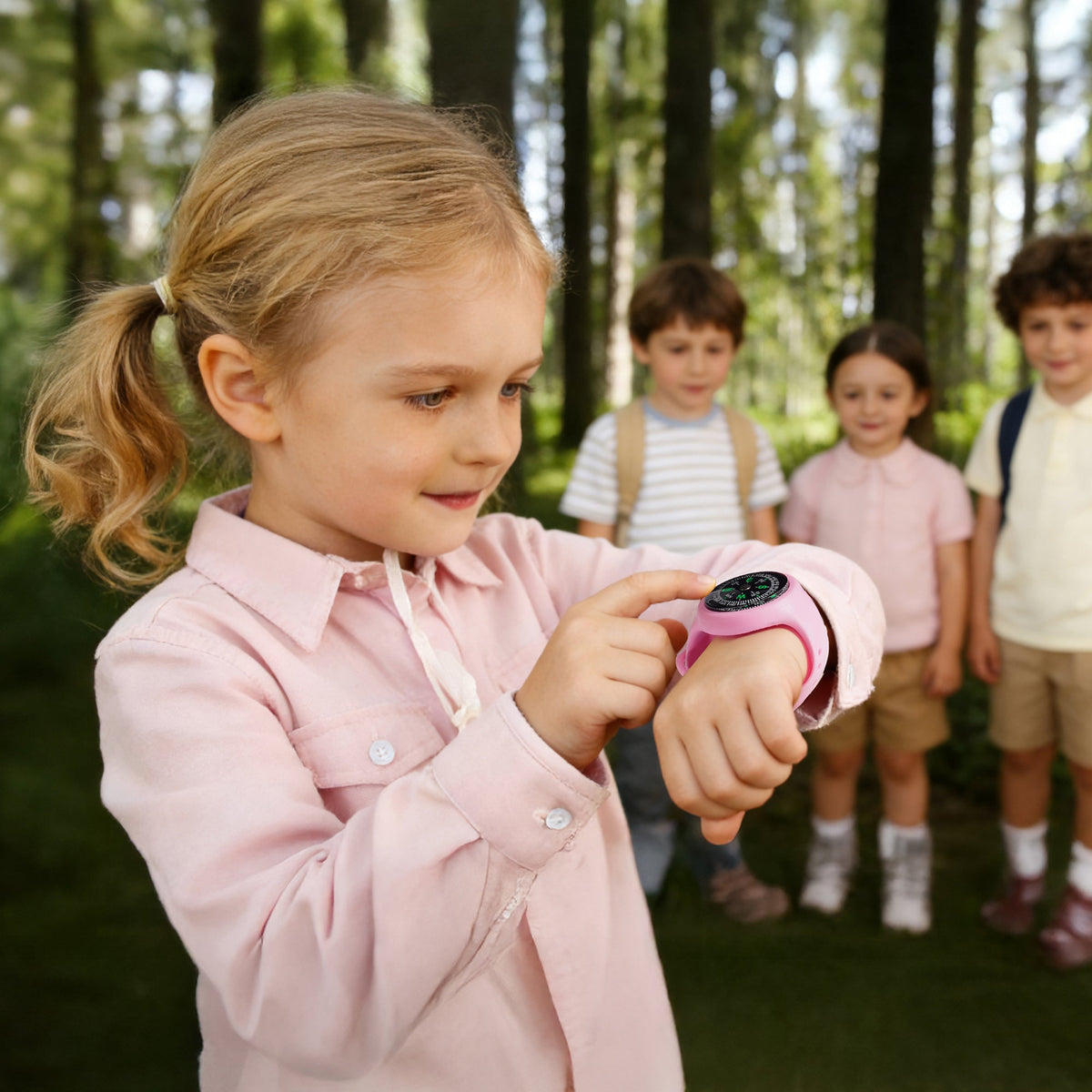 Young girl catching butterflies in garden and another girl catching bugs outdoors using ROBUD pink telescopic butterfly nets