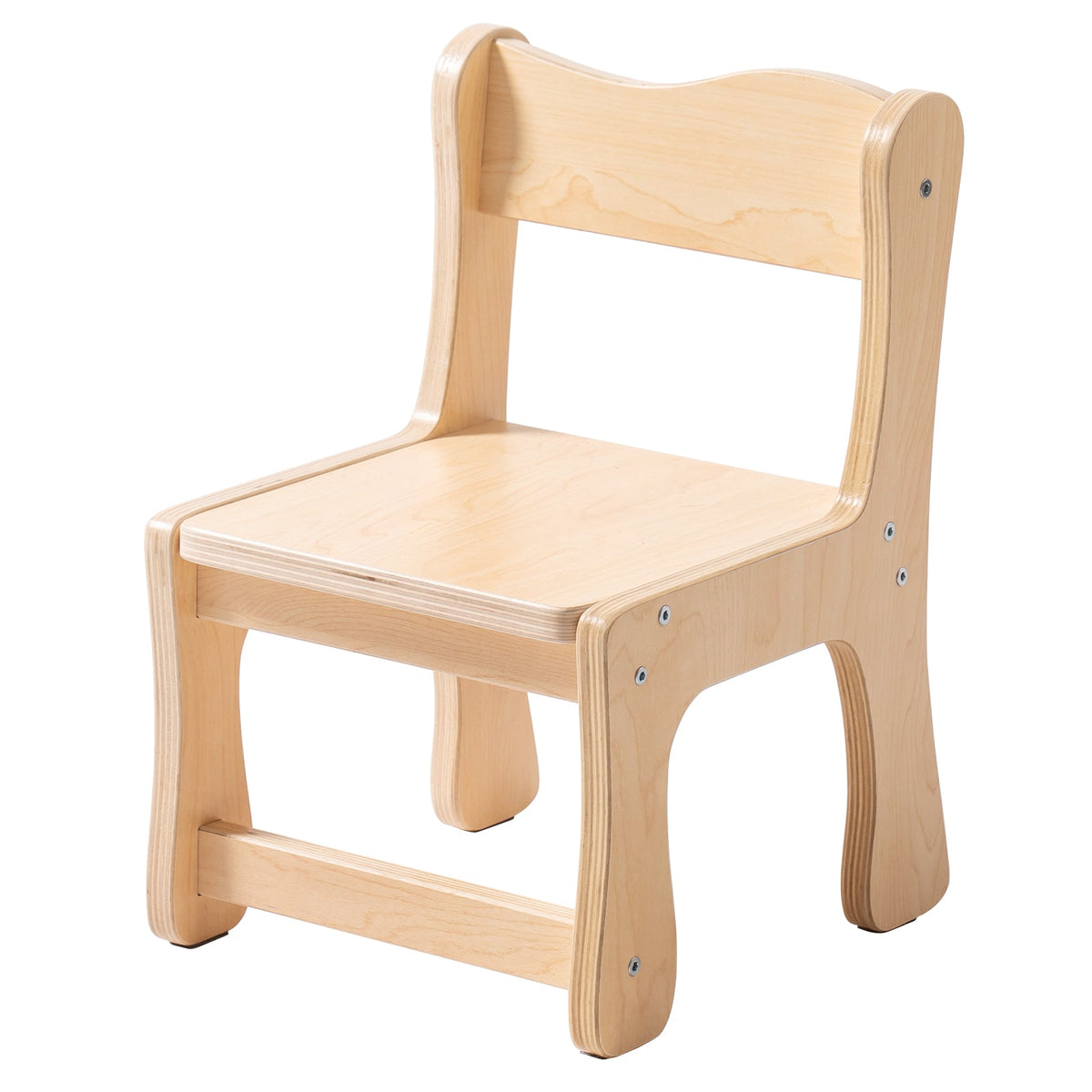 ROBUD natural birch plywood toddler chair with curved backrest and wide seat photographed on white background showing full product construction