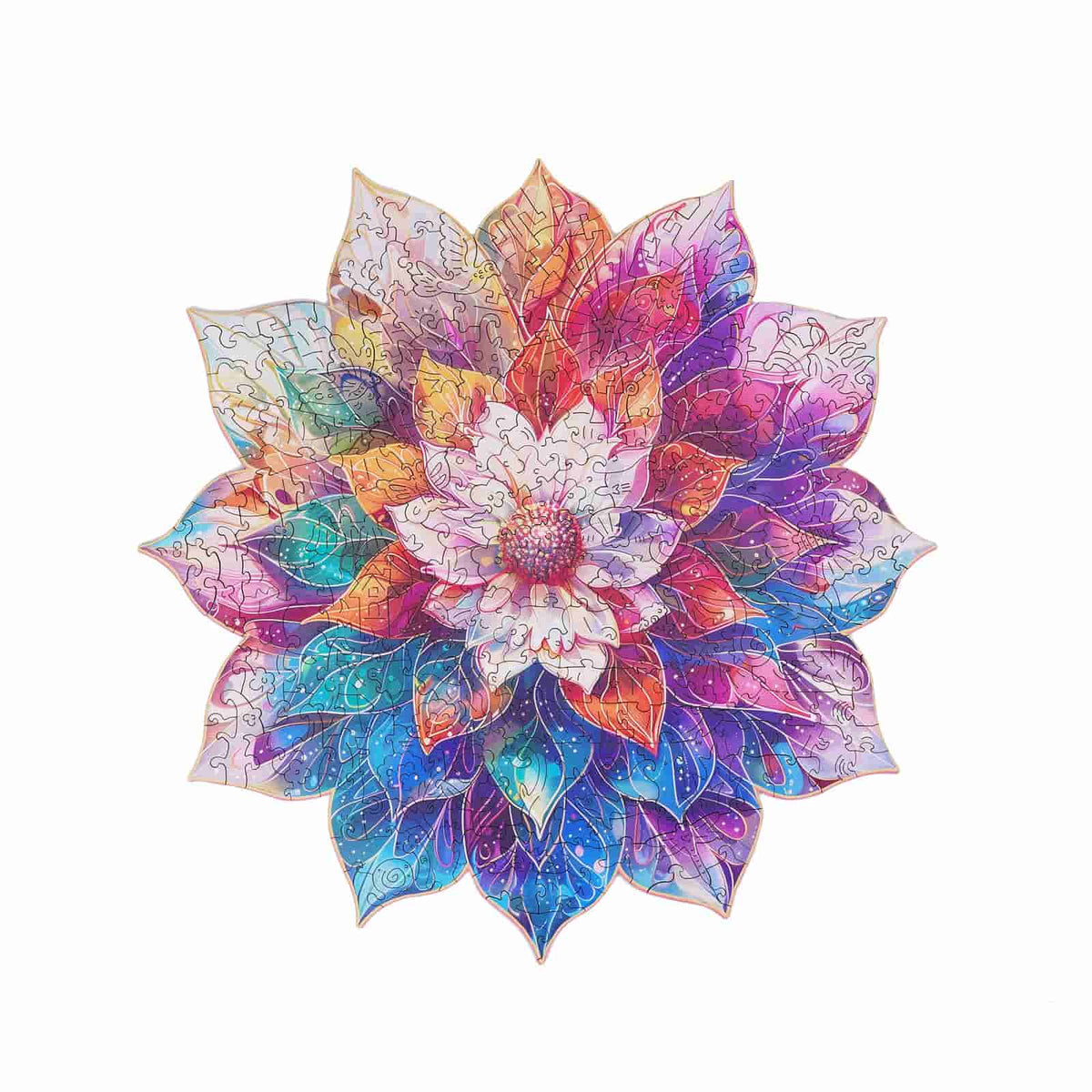 Rowood Mystic Mandala Flower wooden jigsaw puzzle completed standalone on white background showing full rainbow petal design.