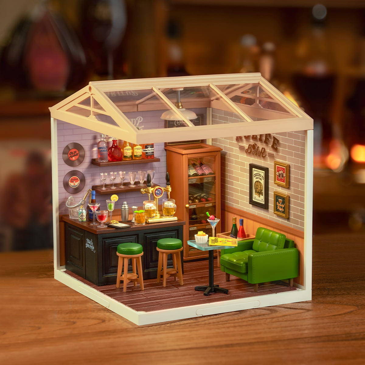 Rolife Leisurely Cheers Bar DW012 DIY miniature dollhouse kit, front view on a neutral background