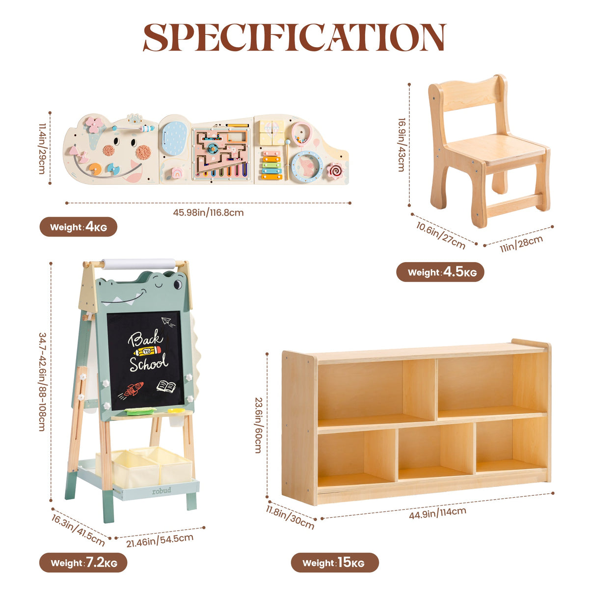 ROBUD childhood play set specification diagram showing activity board wooden chair easel and storage cabinet with weights.