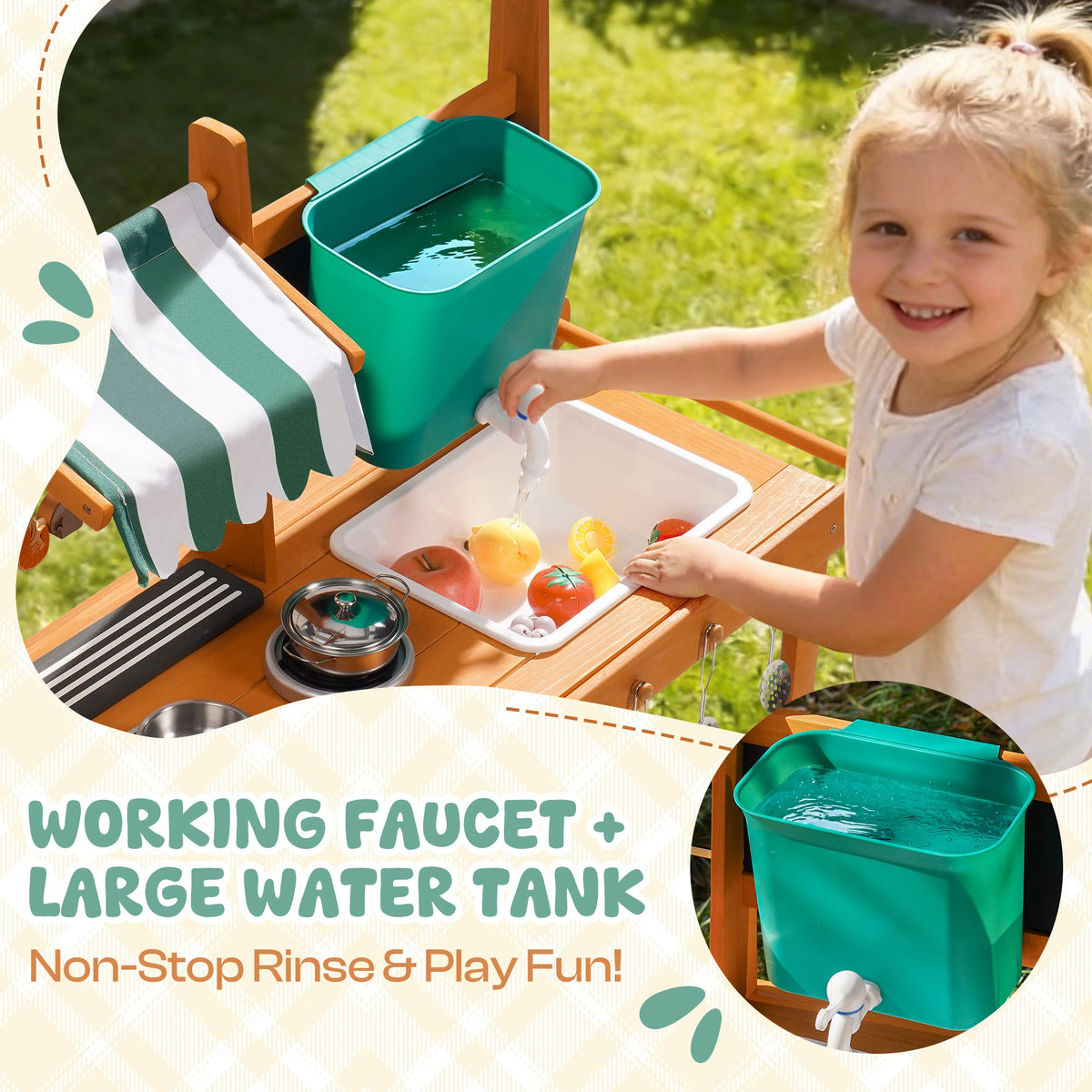 Close-up of ROBUD wheeled outdoor mud kitchen showing multiple play modes including barbecue, water play, and mud play with faucet detail