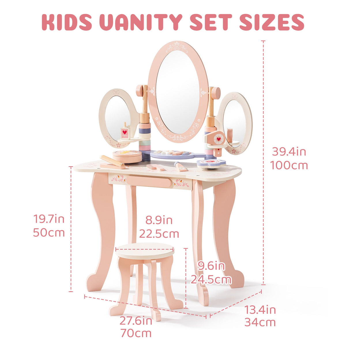 ROBUD Kids Vanity Set dimension diagram showing 39.4 in total height, 27.6 in width, and matching stool 8.9 in wide.