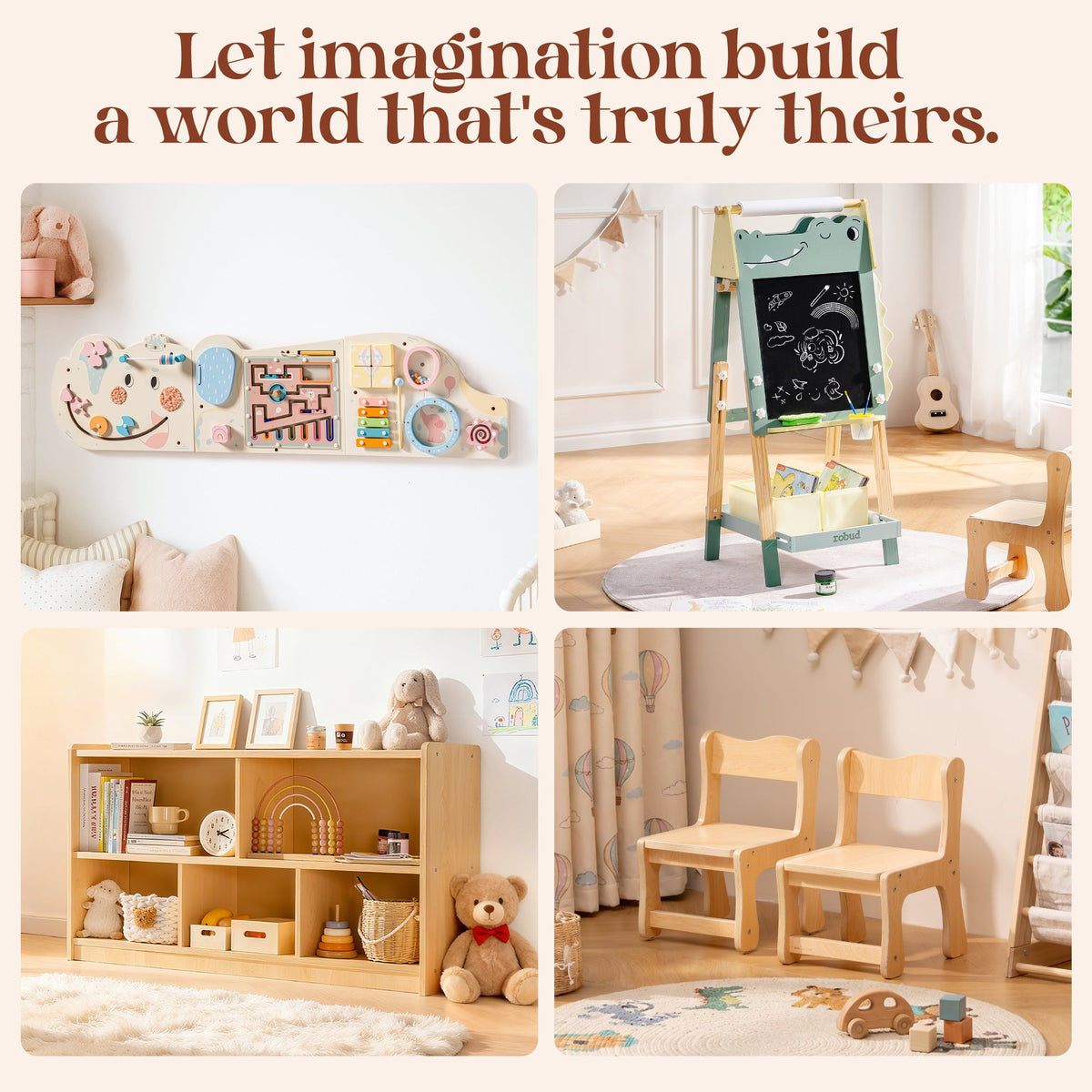 ROBUD Little Moments play set lifestyle collage showing activity board chalkboard easel bookshelf and natural wood chair.