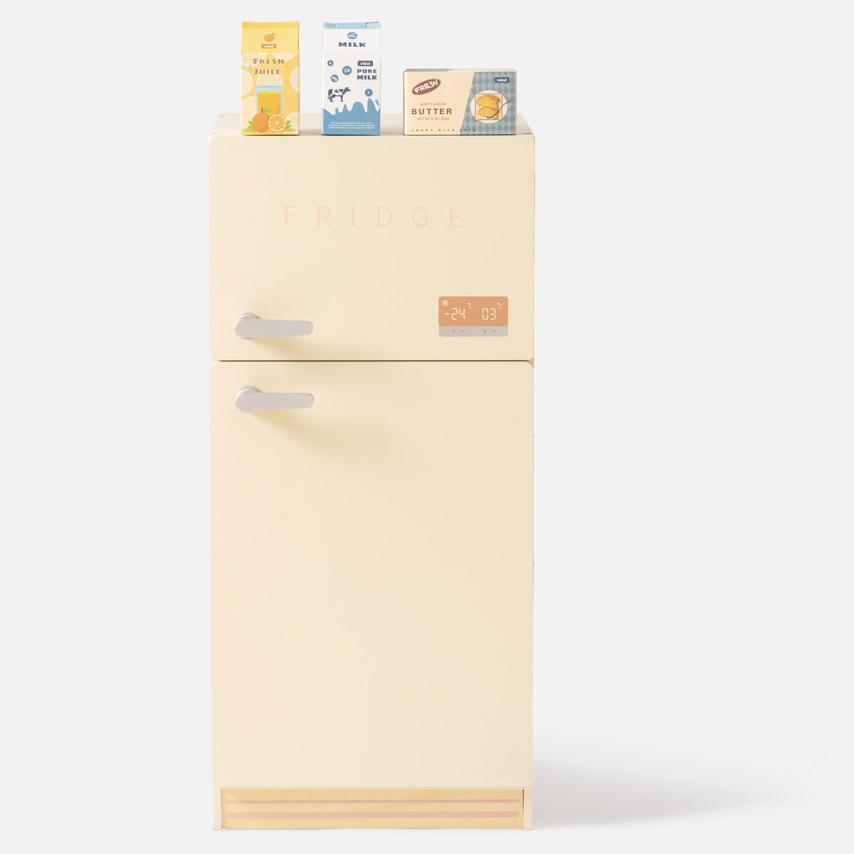 ROBUD creamy wooden play fridge standing closed against a white background with fresh juice, milk, and butter carton accessories displayed on top