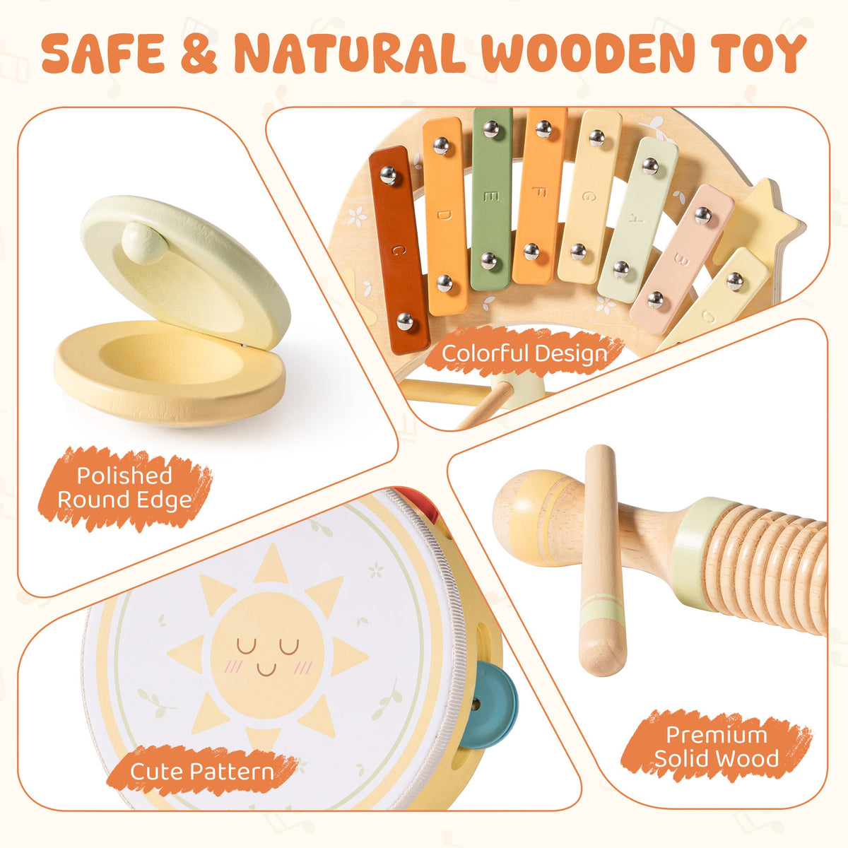 ROBUD Moonlight Music Set detail showing natural wood xylophone with colorful keys, sun-print tambourine and premium solid wood castanet