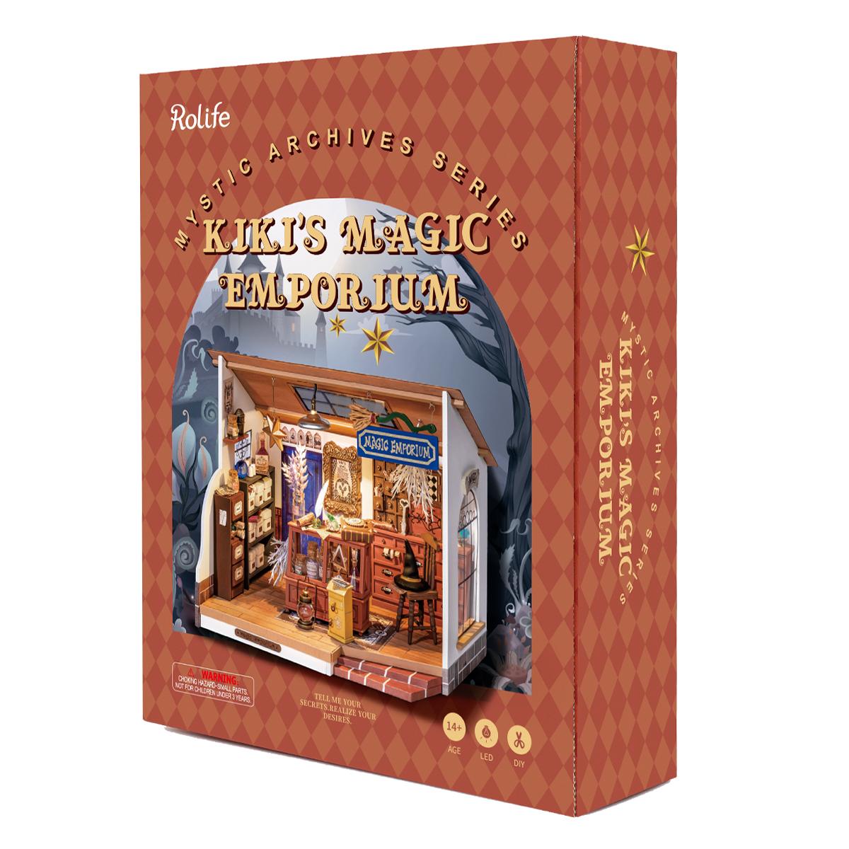 Rolife Kiki's Magic Emporium miniature house DG155 packaging box showing colorful illustrated front and side panel with product name