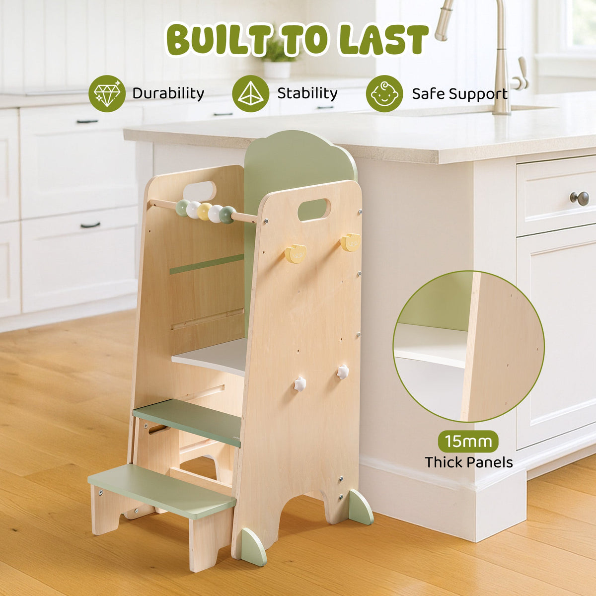Three-mode collage of ROBUD Toddler Standing Tower green showing step stool, blackboard and learning tower configurations with toddlers using each