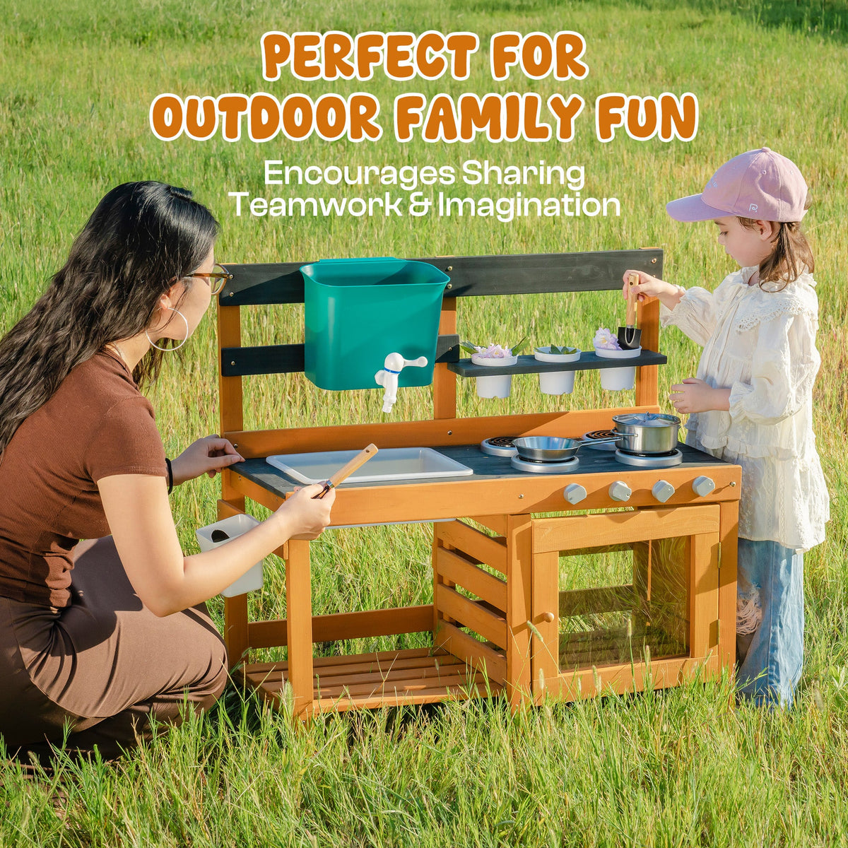 ROBUD Outdoor Mud Kitchen perfect for outdoor family fun view with mother and child using the honey wood outdoor play kitchen together in open field