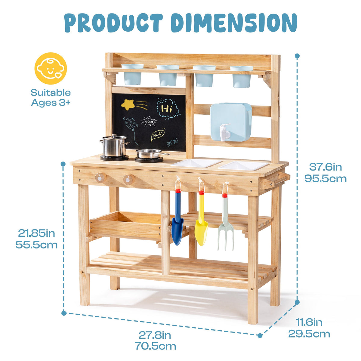 ROBUD Outdoor Garden Mud Kitchen product dimensions showing 37.8 inch height and 27.6 inch width with large natural wood structure and chalkboard top