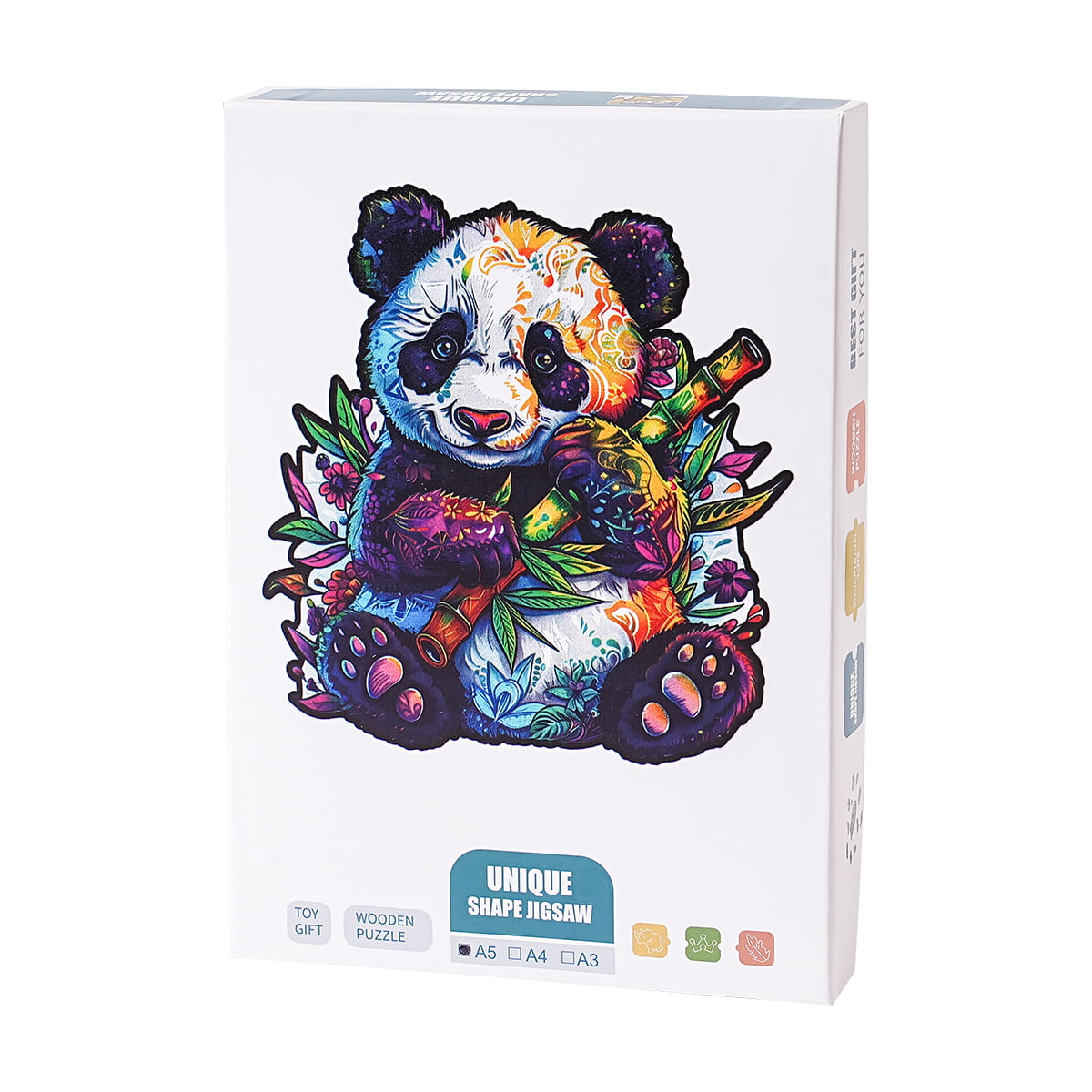Retail packaging box for the Robotime Floral Panda wooden puzzle featuring colorful panda artwork and Unique Shape Jigsaw label on a white box