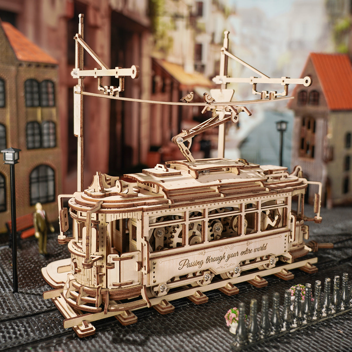 ROKR, Classic City Tram, LK801, 3D wooden tram puzzle, detail close-up