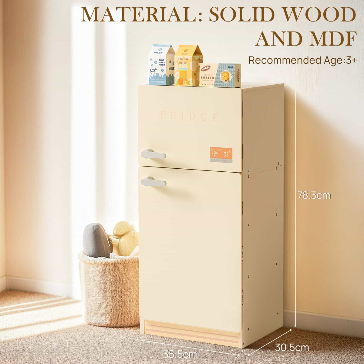 ROBUD creamy wooden play fridge styled against a white wall showing closed two-door design with digital display, solid wood and MDF construction, and dimensions labelled