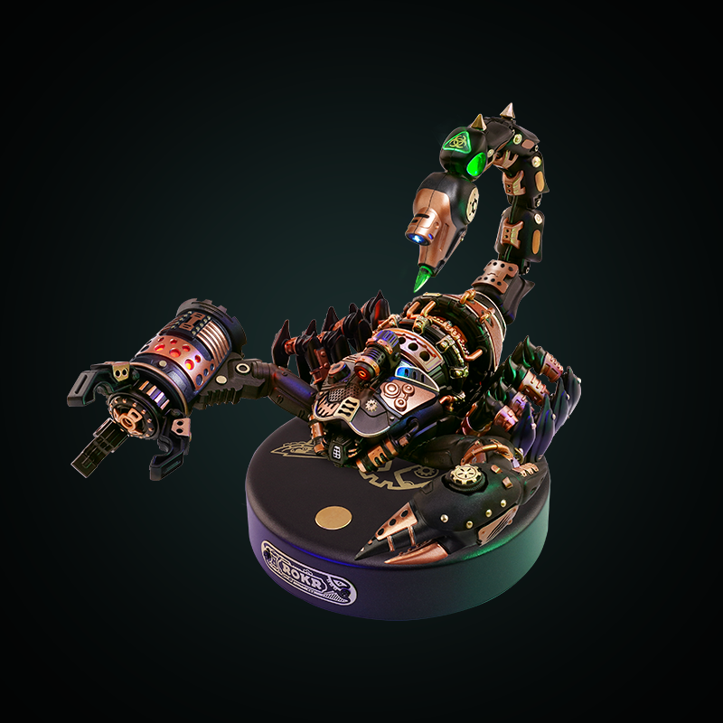 ROKR mechanical scorpion metal model in dark green and bronze tones on a glowing emerald circular display base