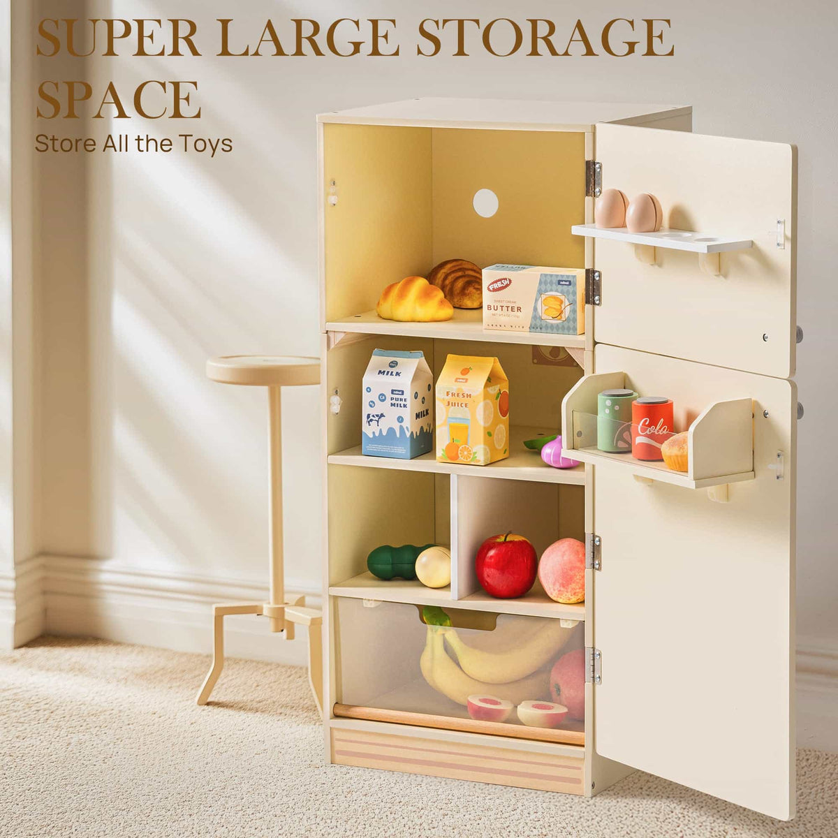 ROBUD creamy wooden play fridge fully open showing super large storage with four shelves holding fruit, milk cartons, juice boxes, butter, and banana pieces