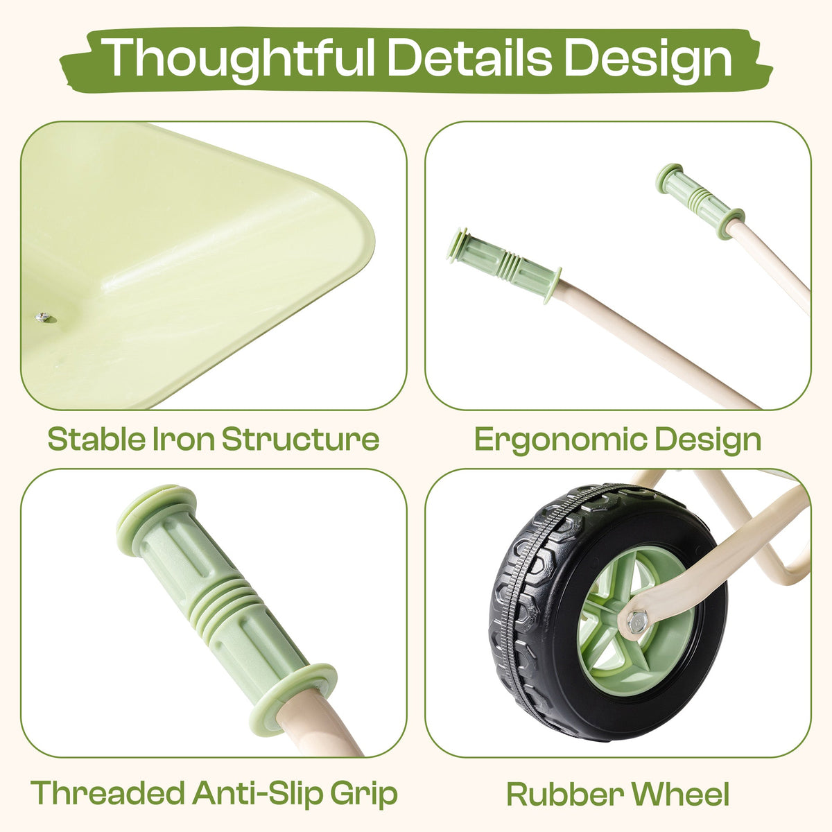 ROBUD Kids Wheelbarrow Set detailed close-ups showing threaded anti-slip grip, rubber wheel, ergonomic handle and stable iron structure
