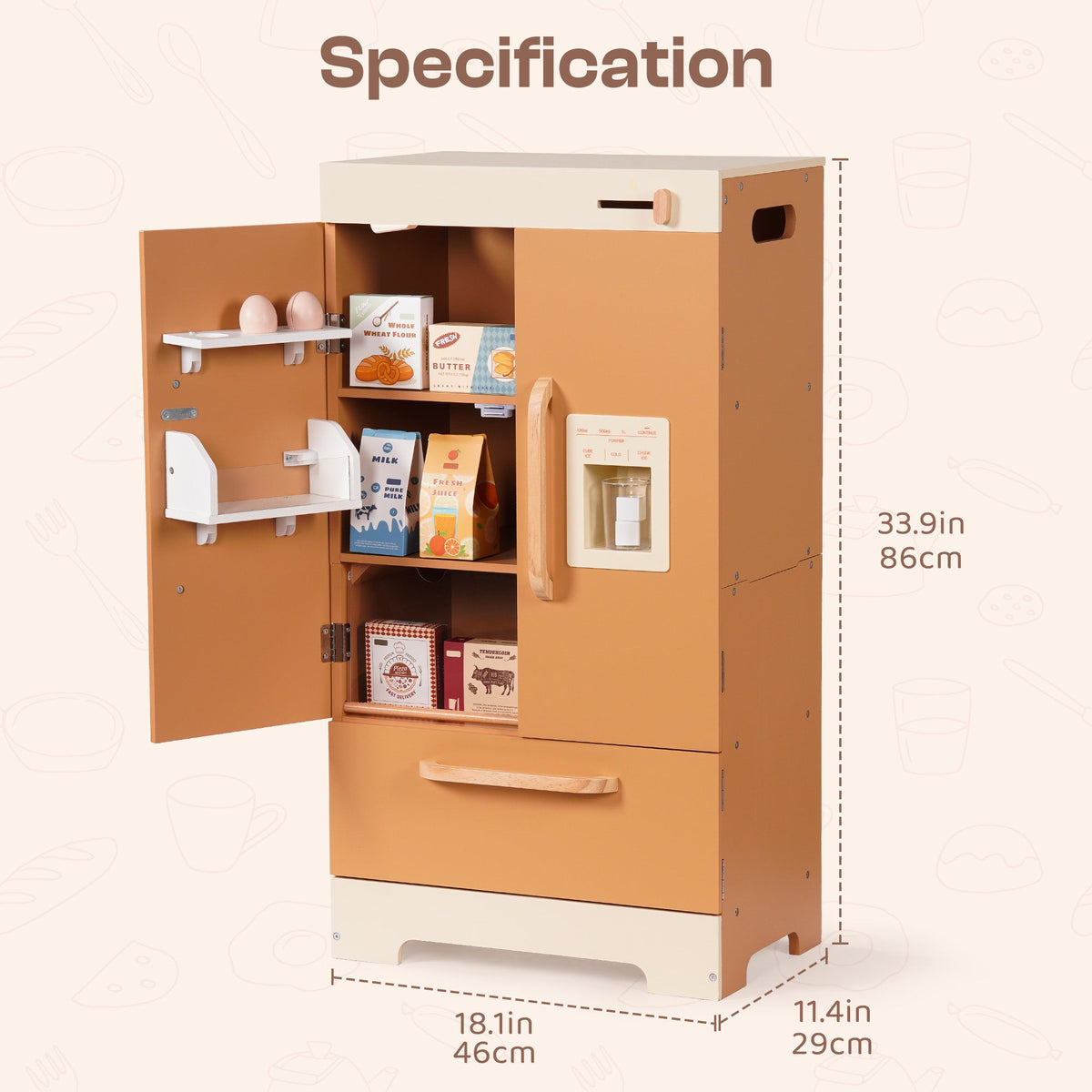 ROBUD Wooden Caramel Refrigerator specification card showing 33.9 by 18.5 by 11.4 inch dimensions on cream background