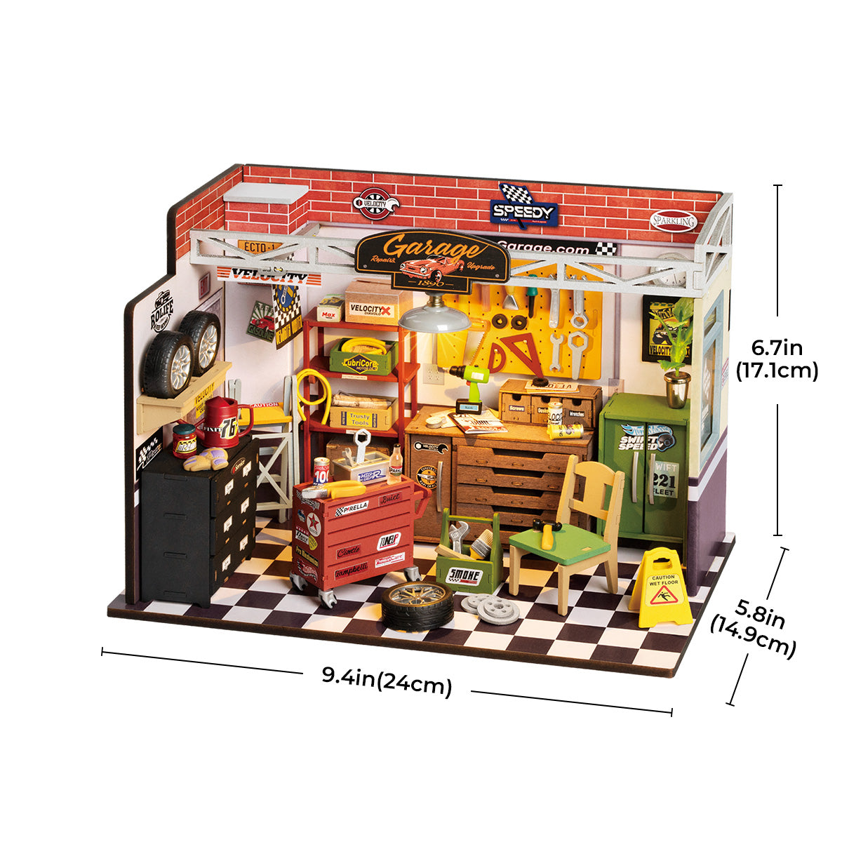 Rolife Garage Workshop DIY miniature with dimensions 9.4 by 6.7 by 5.8 inches labeled on outline diagram