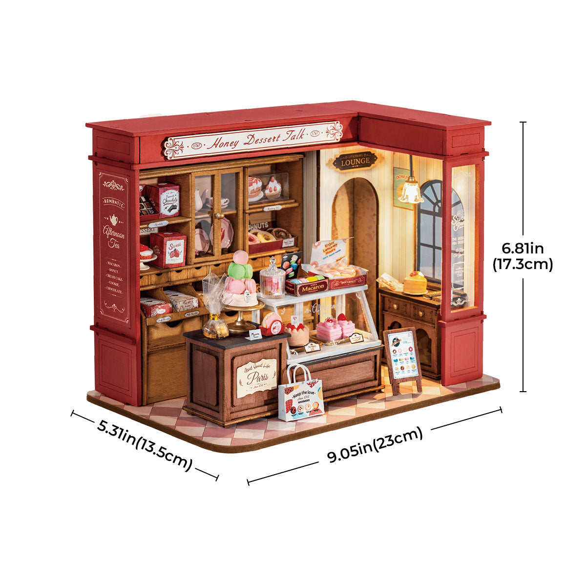 Rolife Honey Dessert Talk DG168 outline dimension diagram showing width 9.00in, height 6.81in and depth 5.30in labeled