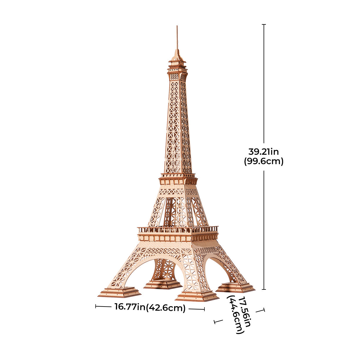 Rolife Eiffel Tower Plus wooden model with height and base measurements on white.