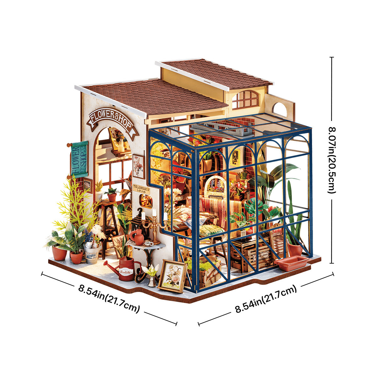 Rolife Emily's Flower Shop DG145 DIY miniature house side elevation with dimension lines showing 8.54in width and 8.07in height, blue steel greenhouse wing visible