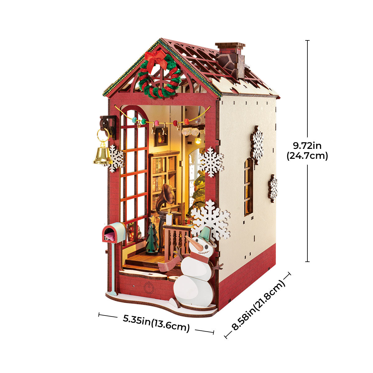 Rolife Christmas Indoor Scene book nook shown with height and depth measurements on white.