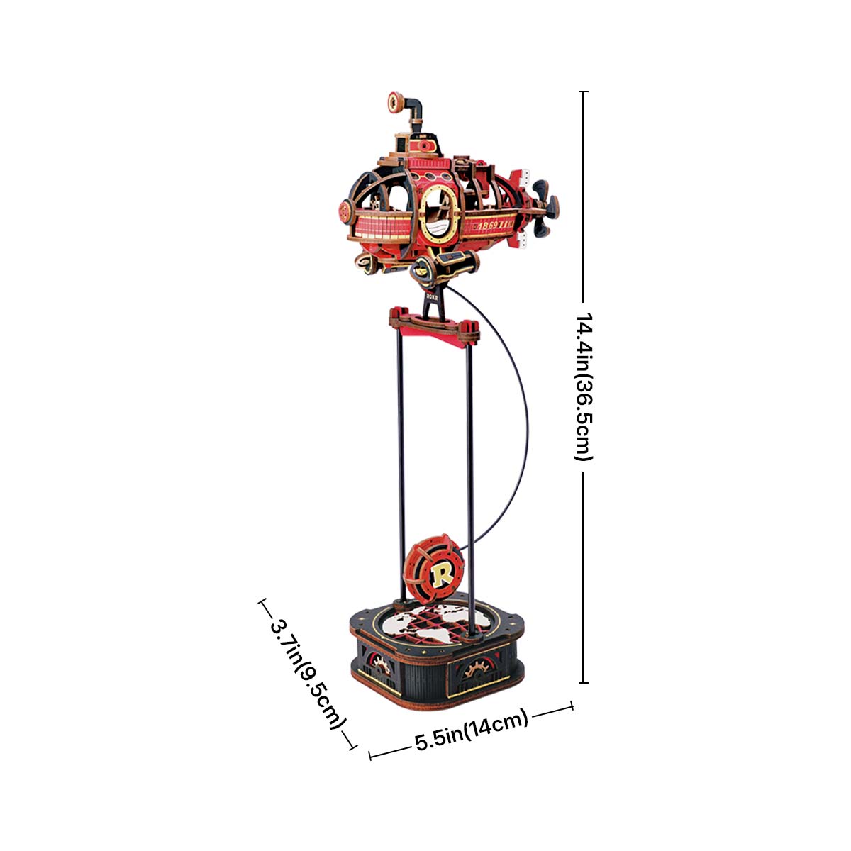 ROKR Deep-Sea Adventurer Gravity Swing MCD04 dimension hero shot from front showing full assembled steampunk submarine with 14.4 in height callout on white background