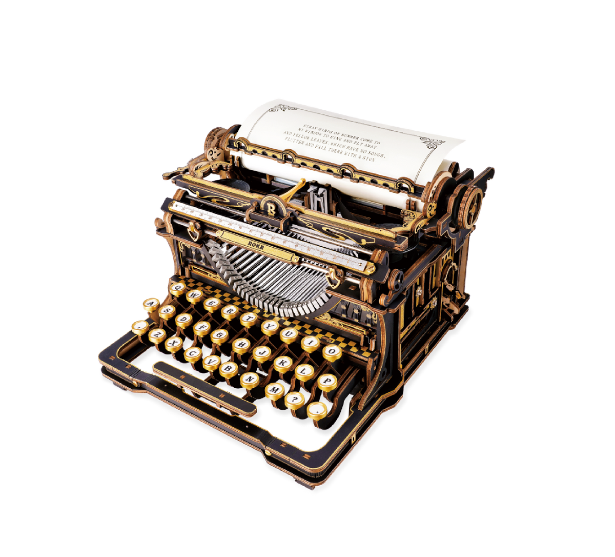 ROKR mechanical typewriter 3D wooden puzzle in bronze and gold tones on white background
